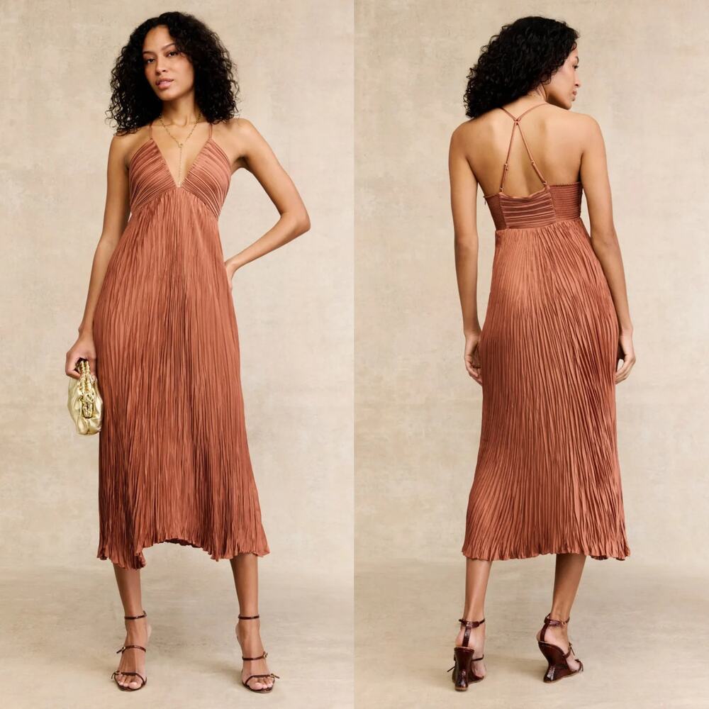 A.L.C. Angelina Dress Pleated Sleeveless Plunging V-Neck Midi Cocktail Orange 6